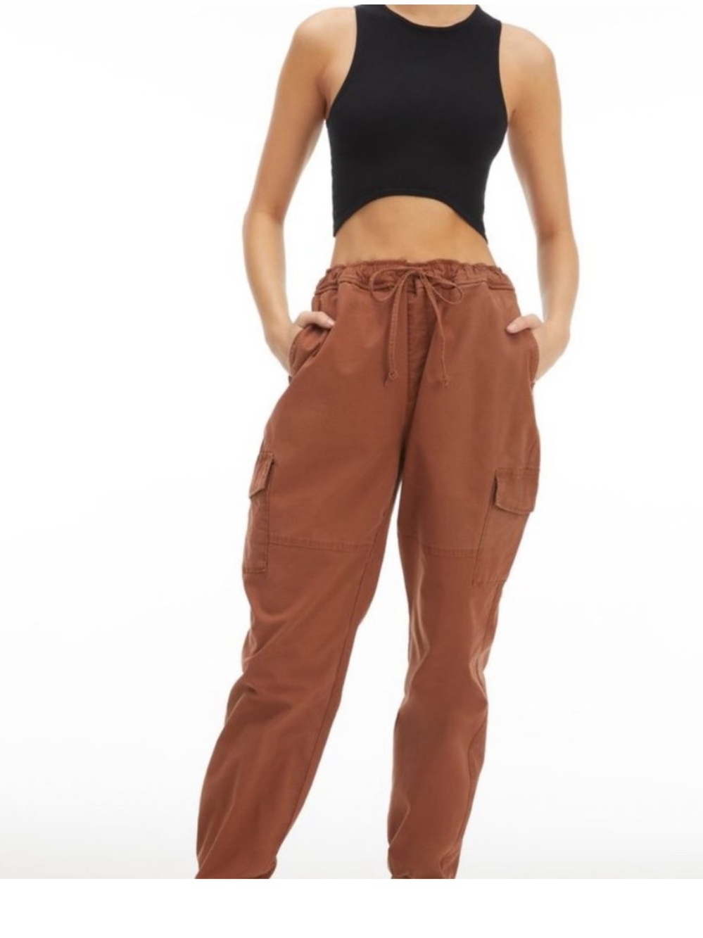 Good American Cargo Pants Womens 0 Brown Jogger Elastic Waist Pockets Twill